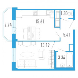 Однокомнатная квартира 40.32 м²