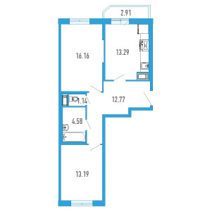 Двухкомнатная квартира 62.58 м²