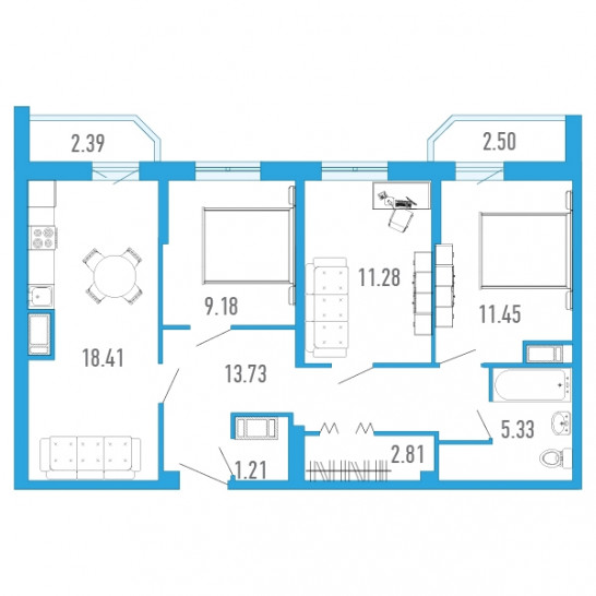 Трёхкомнатная квартира 75.84 м²