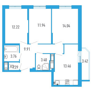 Трёхкомнатная квартира 71.73 м²
