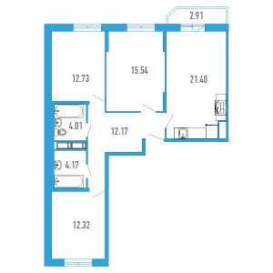 Трёхкомнатная квартира 83.69 м²