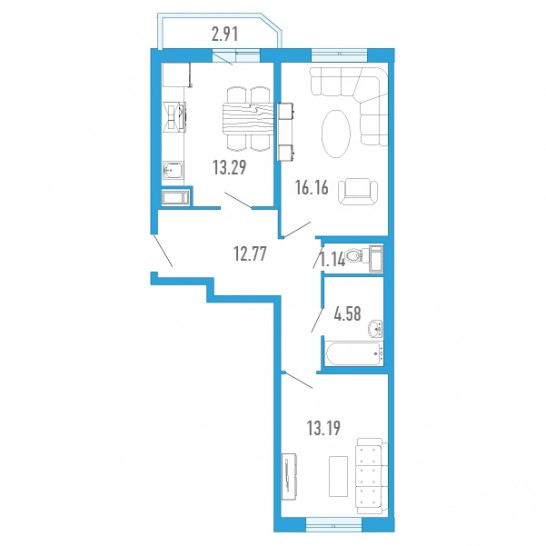 Двухкомнатная квартира 62.58 м²