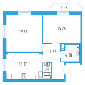 Двухкомнатная квартира 62.68 м²
